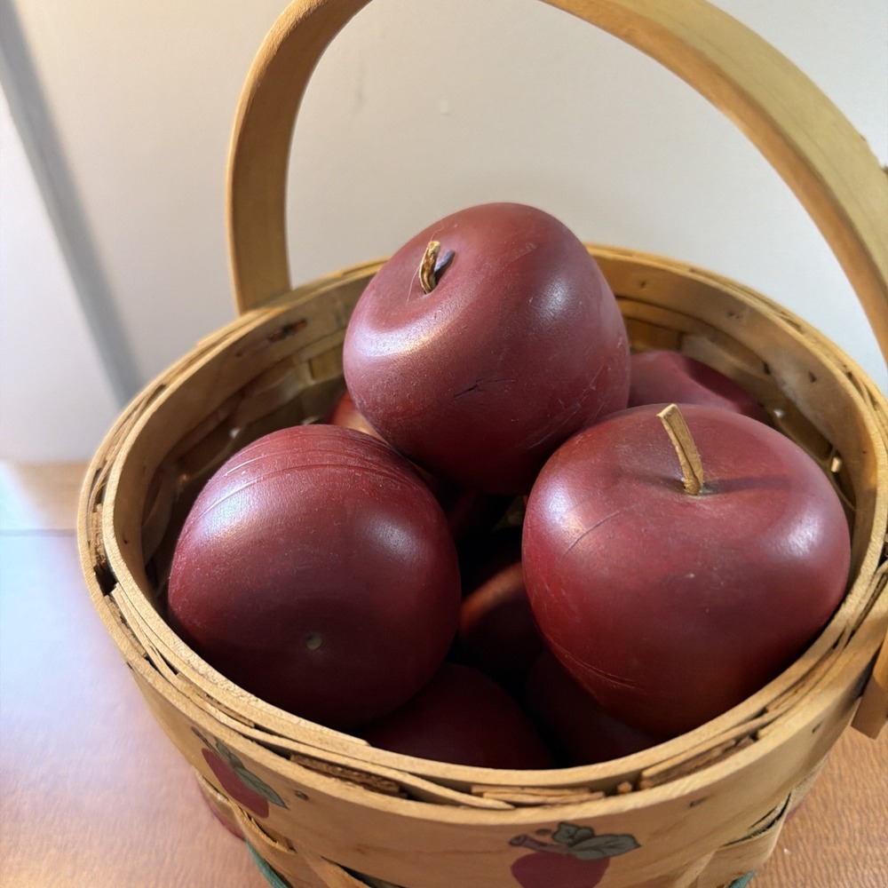 Autumn Apple Basket Full Of Wooden Apples Handle, Painted Apples Design 8"